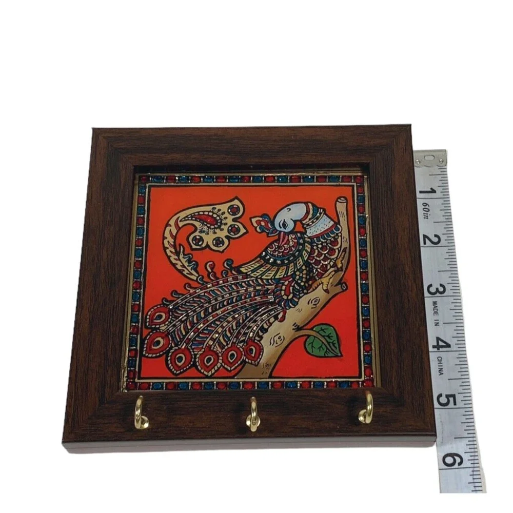 Peacock Glass Painting Art 3 Hook Key Holder Tanjore Style GRT India Bird Small